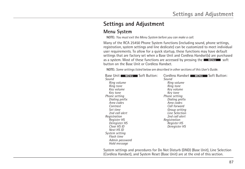 Settings and adjustment, Menu system | GE 25450 User Manual | Page 87 / 124
