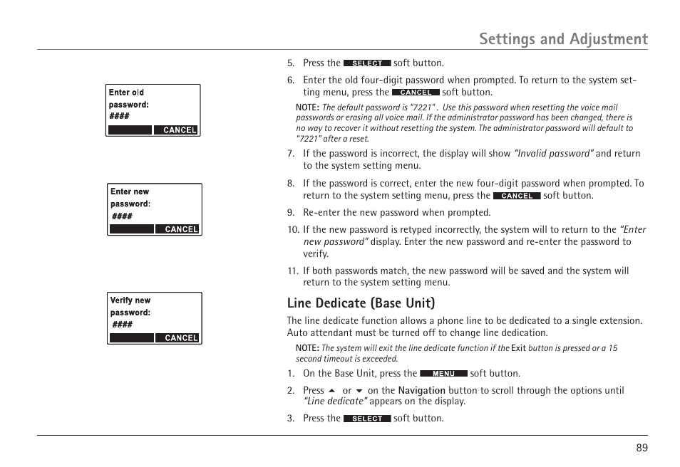 Settings and adjustment, Line dedicate (base unit) | GE 25450 User Manual | Page 89 / 124