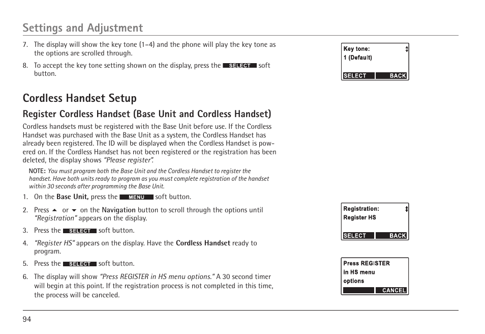 Cordless handset setup, Settings and adjustment | GE 25450 User Manual | Page 94 / 124