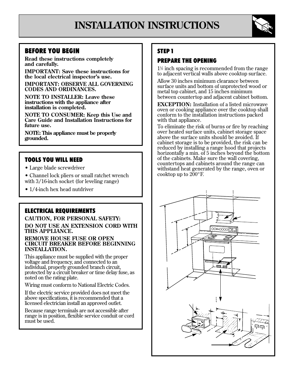 Installation, Anti-tip device, Anti-tip device , 39 | 35 installation instructions, Before you begin, Step 1 prepare the opening, Tools you will need, Electrical requirements | GE 49-8726 User Manual | Page 35 / 44