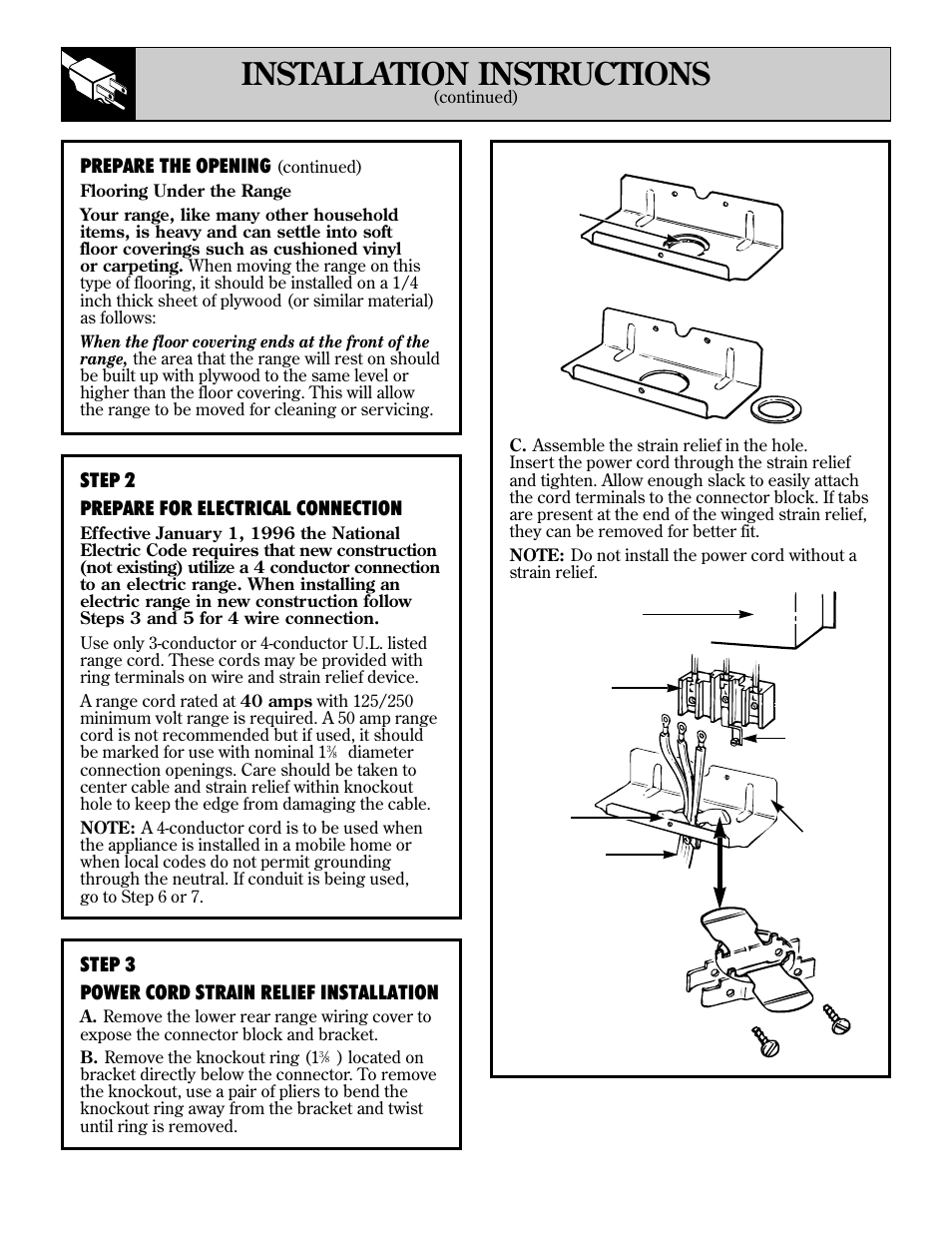 Flooring under the range, 36 installation instructions, Prepare the opening | Step 2 prepare for electrical connection, Step 3 power cord strain relief installation | GE 49-8726 User Manual | Page 36 / 44