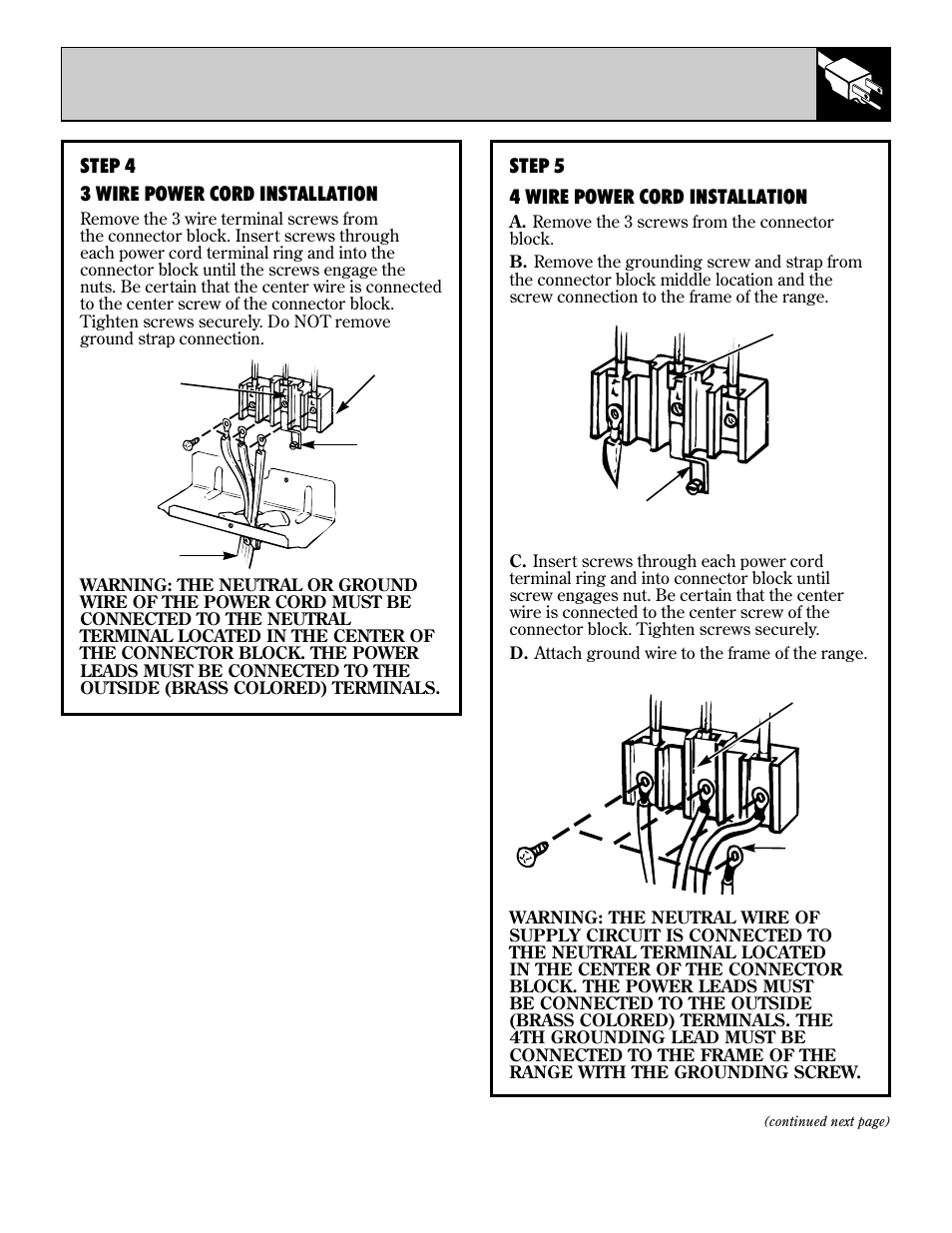 Step 5 4 wire power cord installation, Step 4 3 wire power cord installation | GE 49-8726 User Manual | Page 37 / 44