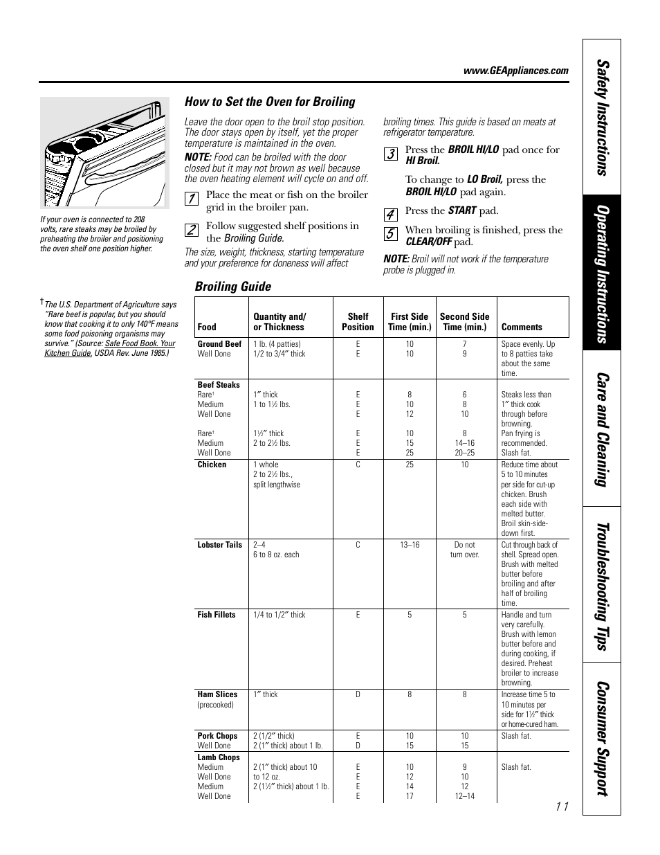 How to set the oven for broiling, Broiling guide | GE JT912 User Manual | Page 11 / 32