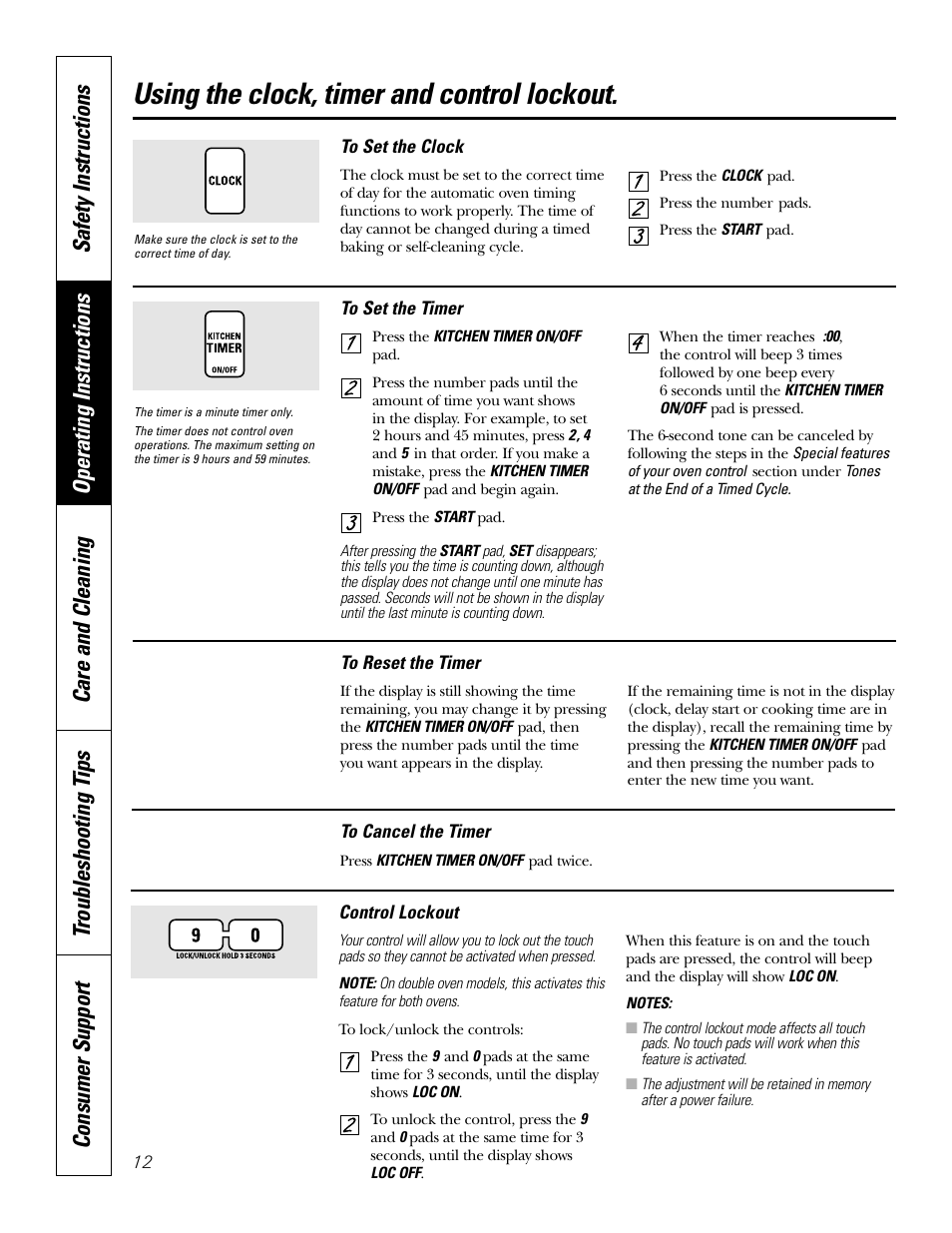 Clock and timer, Control lockout, Using the clock, timer and control lockout | GE JT912 User Manual | Page 12 / 32