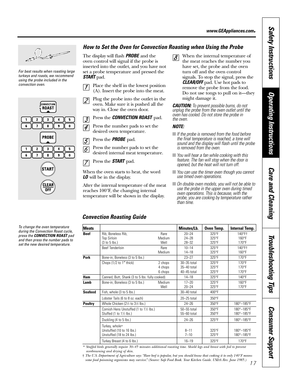 Convection roasting guide | GE JT912 User Manual | Page 17 / 32