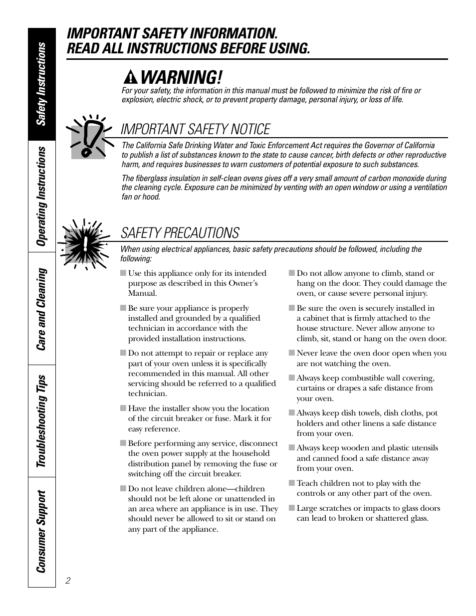 Safety instructions, Warning, Safety precautions | Important safety notice | GE JT912 User Manual | Page 2 / 32