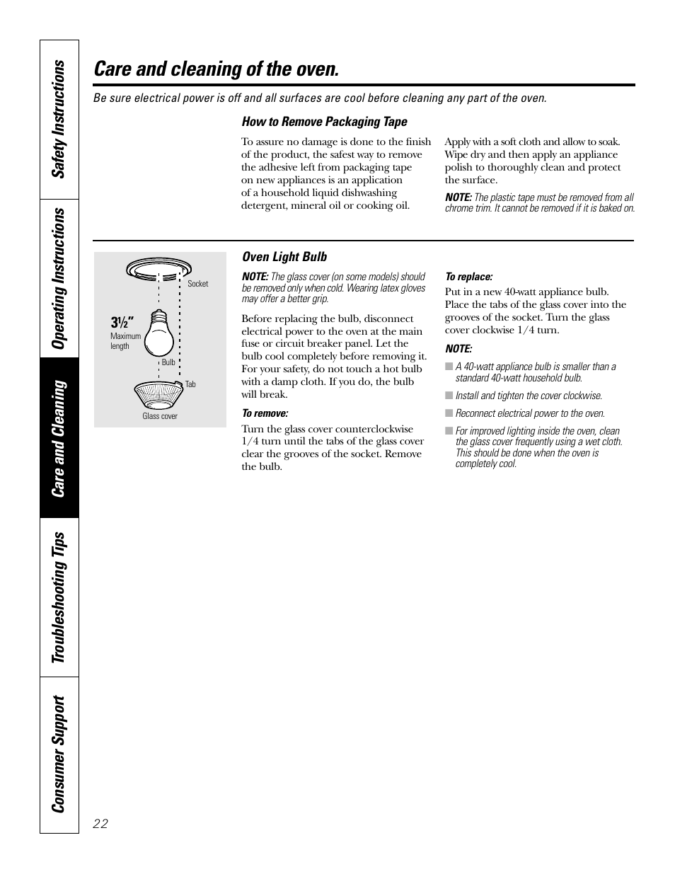 Light bulb, Removing packaging tape, Care and cleaning of the oven | GE JT912 User Manual | Page 22 / 32