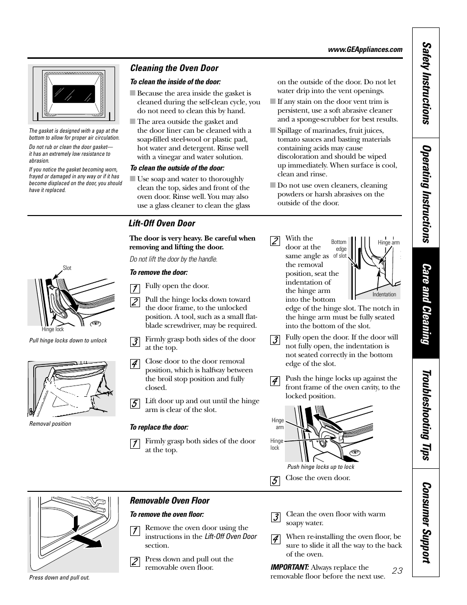 Cleaning oven door, Lift-off oven door, Oven floor | GE JT912 User Manual | Page 23 / 32