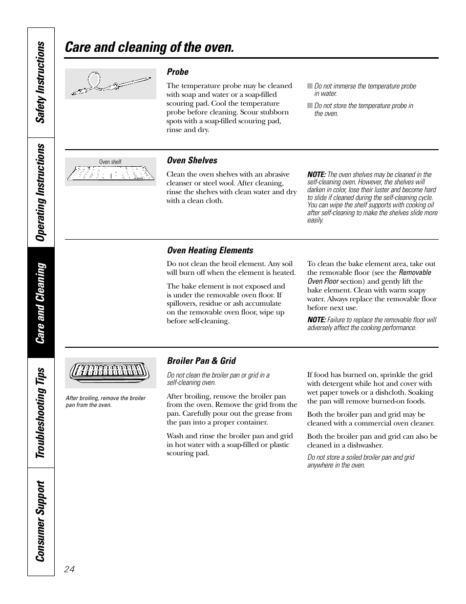 Broiler pan and grid, Probe, Shelves | Care and cleaning of the oven | GE JT912 User Manual | Page 24 / 32