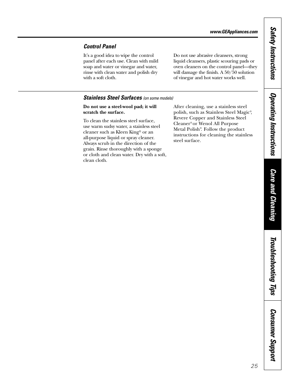Control panel, Stainless steel surfaces | GE JT912 User Manual | Page 25 / 32