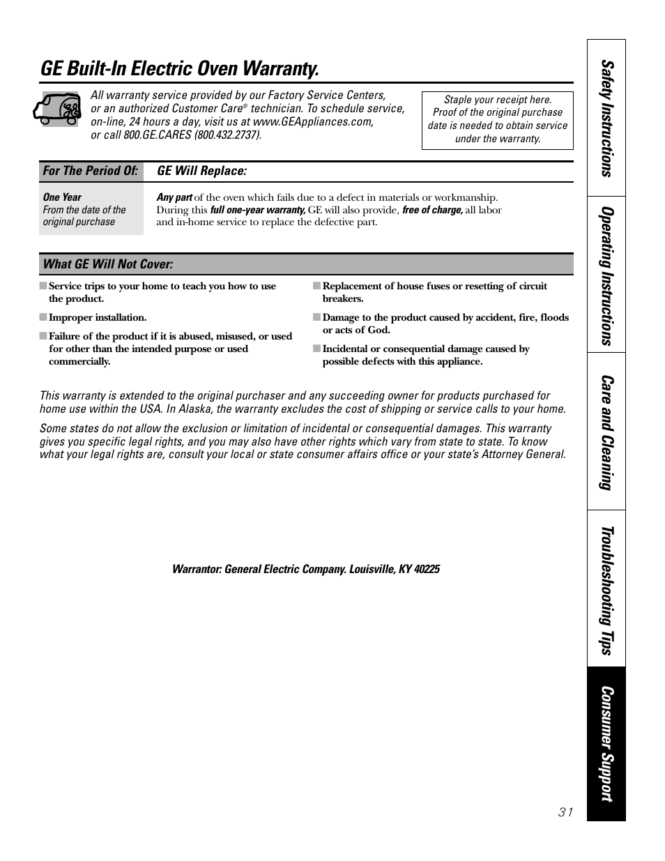 Warranty, Ge built-in electric oven warranty | GE JT912 User Manual | Page 31 / 32