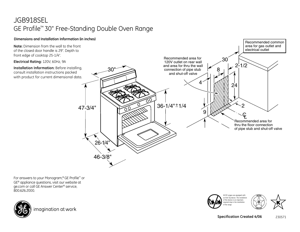 GE JGB918SEL User Manual | 2 pages