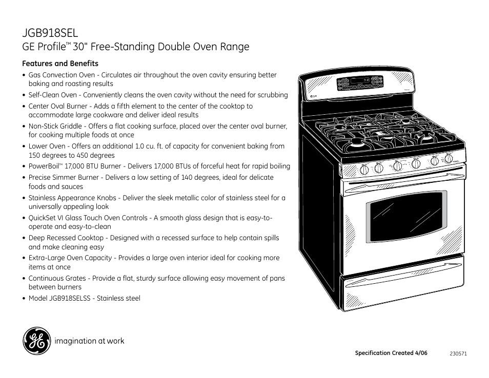 Jgb918sel, Ge profile, 30" free-standing double oven range | GE JGB918SEL User Manual | Page 2 / 2