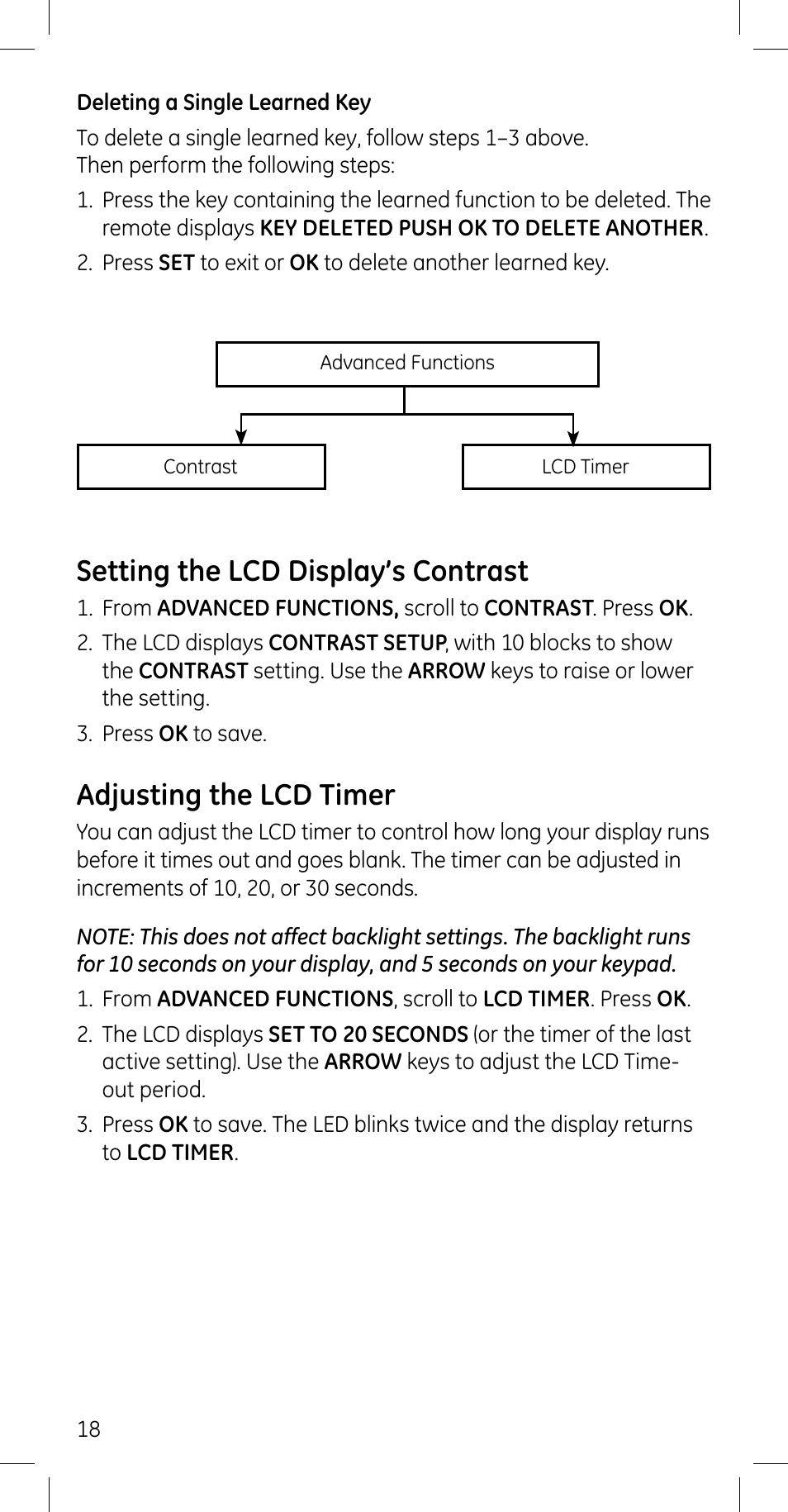 Setting the lcd display’s contrast, Adjusting the lcd timer | GE 45608 User Manual | Page 18 / 54
