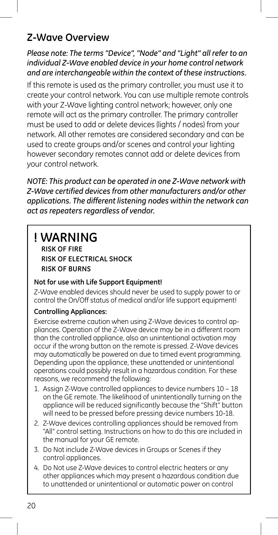 Warning, Z-wave overview | GE 45608 User Manual | Page 20 / 54
