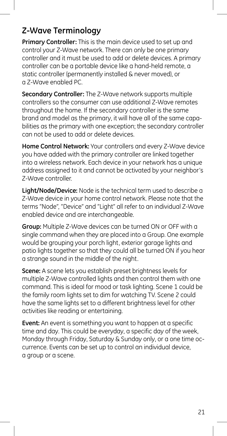 Z-wave terminology | GE 45608 User Manual | Page 21 / 54