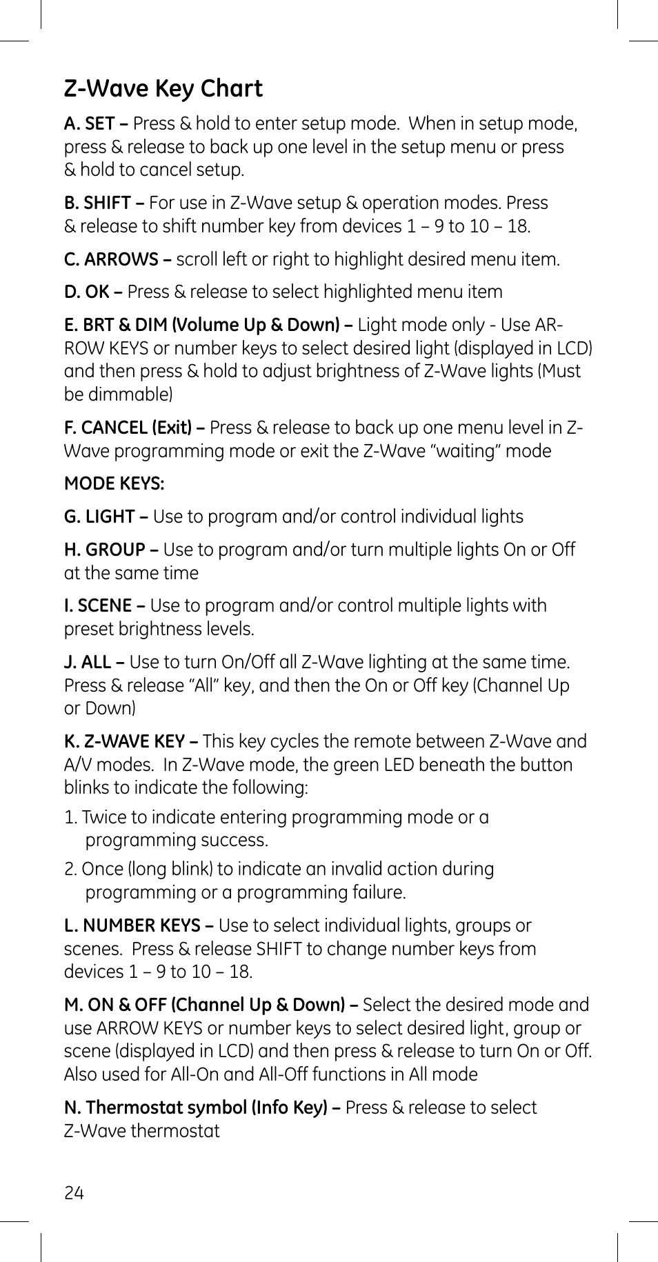 Z-wave key chart | GE 45608 User Manual | Page 24 / 54