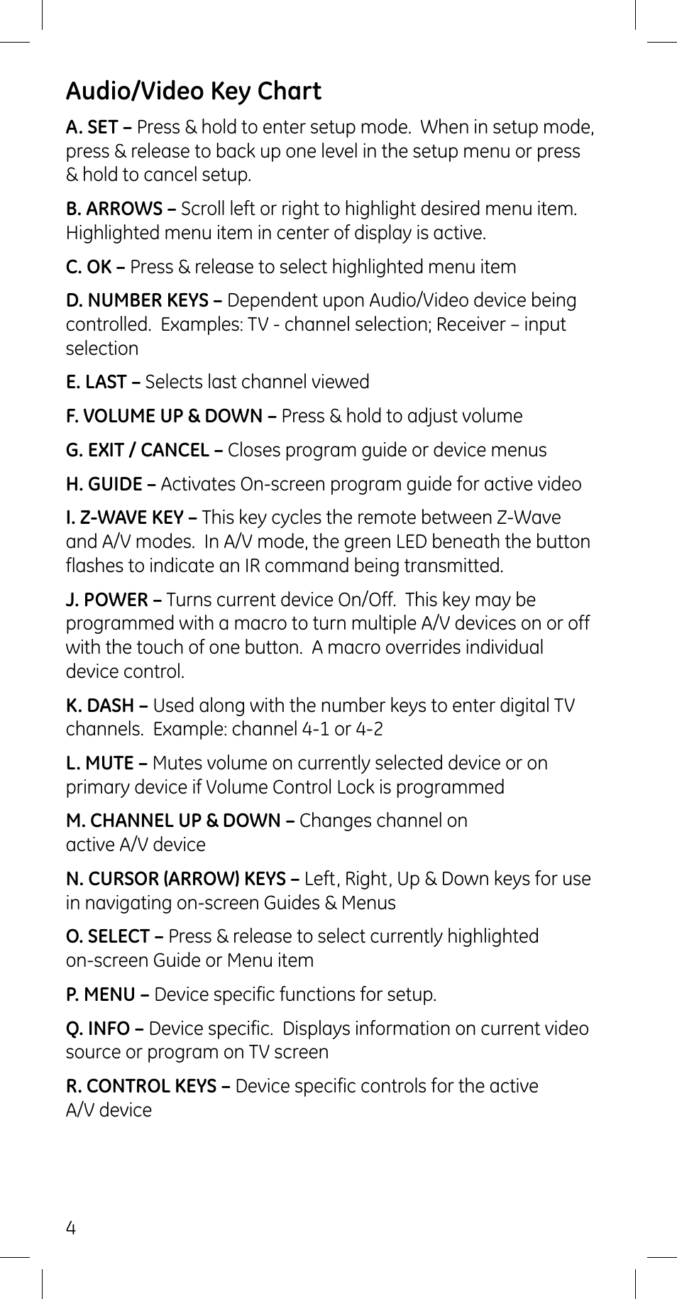 Audio/video key chart | GE 45608 User Manual | Page 4 / 54