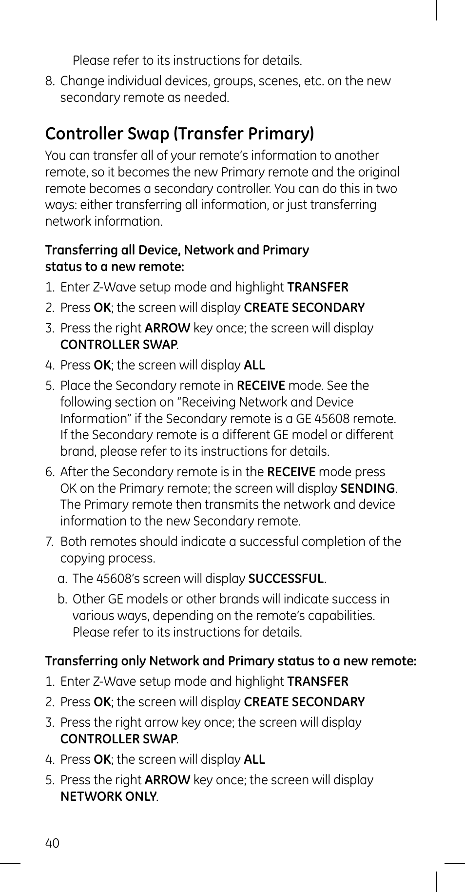 Controller swap (transfer primary) | GE 45608 User Manual | Page 40 / 54