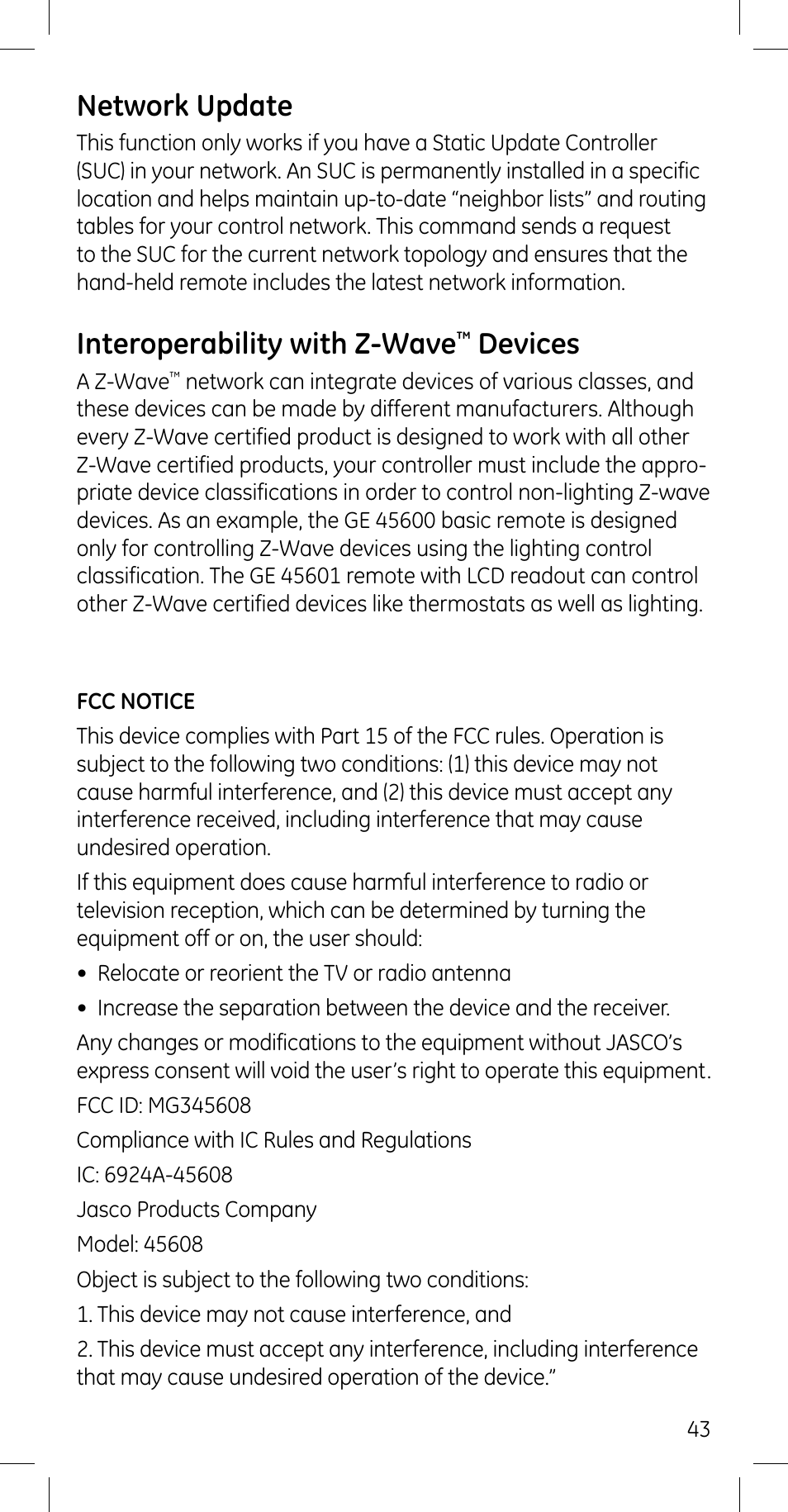 Network update, Interoperability with z-wave, Devices | GE 45608 User Manual | Page 43 / 54