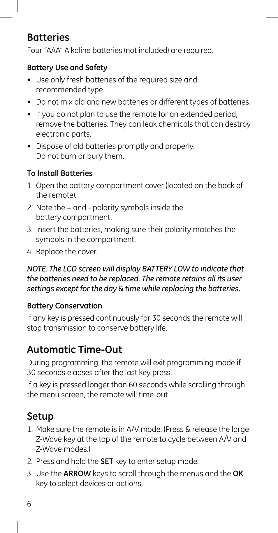 Batteries, Automatic time-out, Setup | GE 45608 User Manual | Page 6 / 54