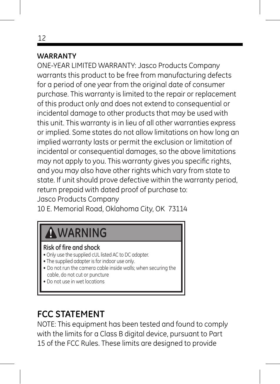 Warning, Fcc statement | GE 45232 User Manual | Page 12 / 13