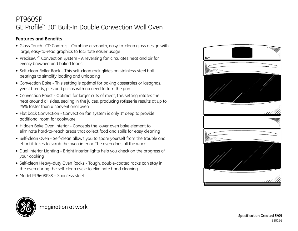 Pt960sp, Ge profile, 30" built-in double convection wall oven | GE Profile PT960SP User Manual | Page 2 / 2