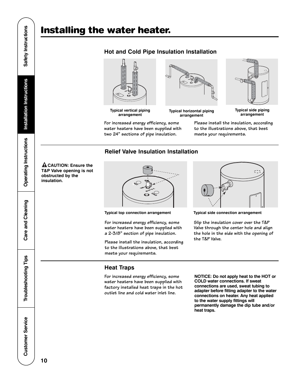 Installing the water heater, Hot and cold pipe insulation installation, Heat traps | Relief valve insulation installation, Typical vertical piping arrangement | GE Series User Manual | Page 10 / 20