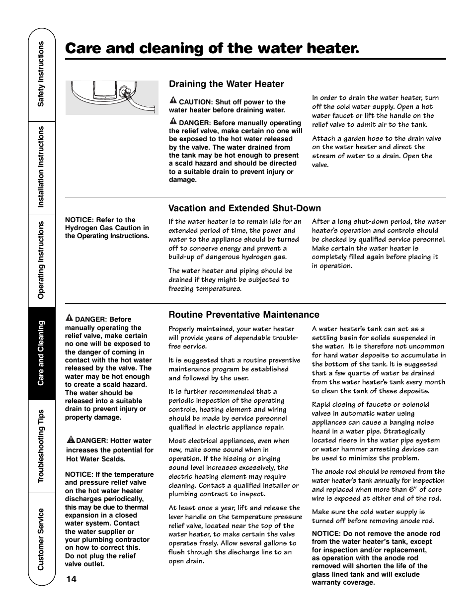 Care and cleaning of the water heater | GE Series User Manual | Page 14 / 20