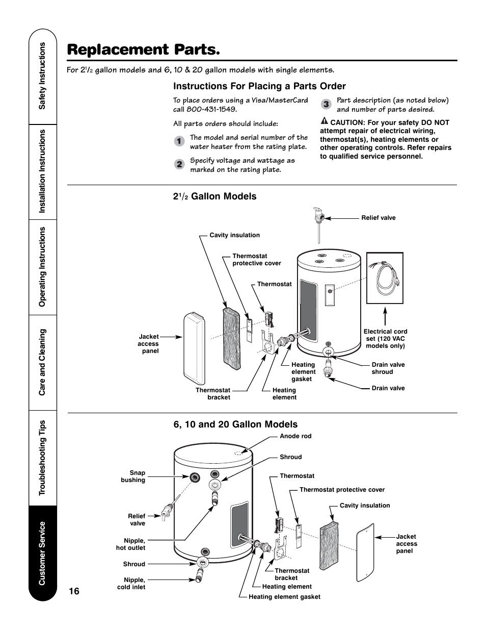 Replacement parts, Instructions for placing a parts order, Gallon models | GE Series User Manual | Page 16 / 20