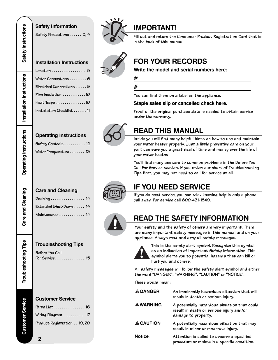 Read this manual for your records, Important, If you need service read the safety information | GE Series User Manual | Page 2 / 20