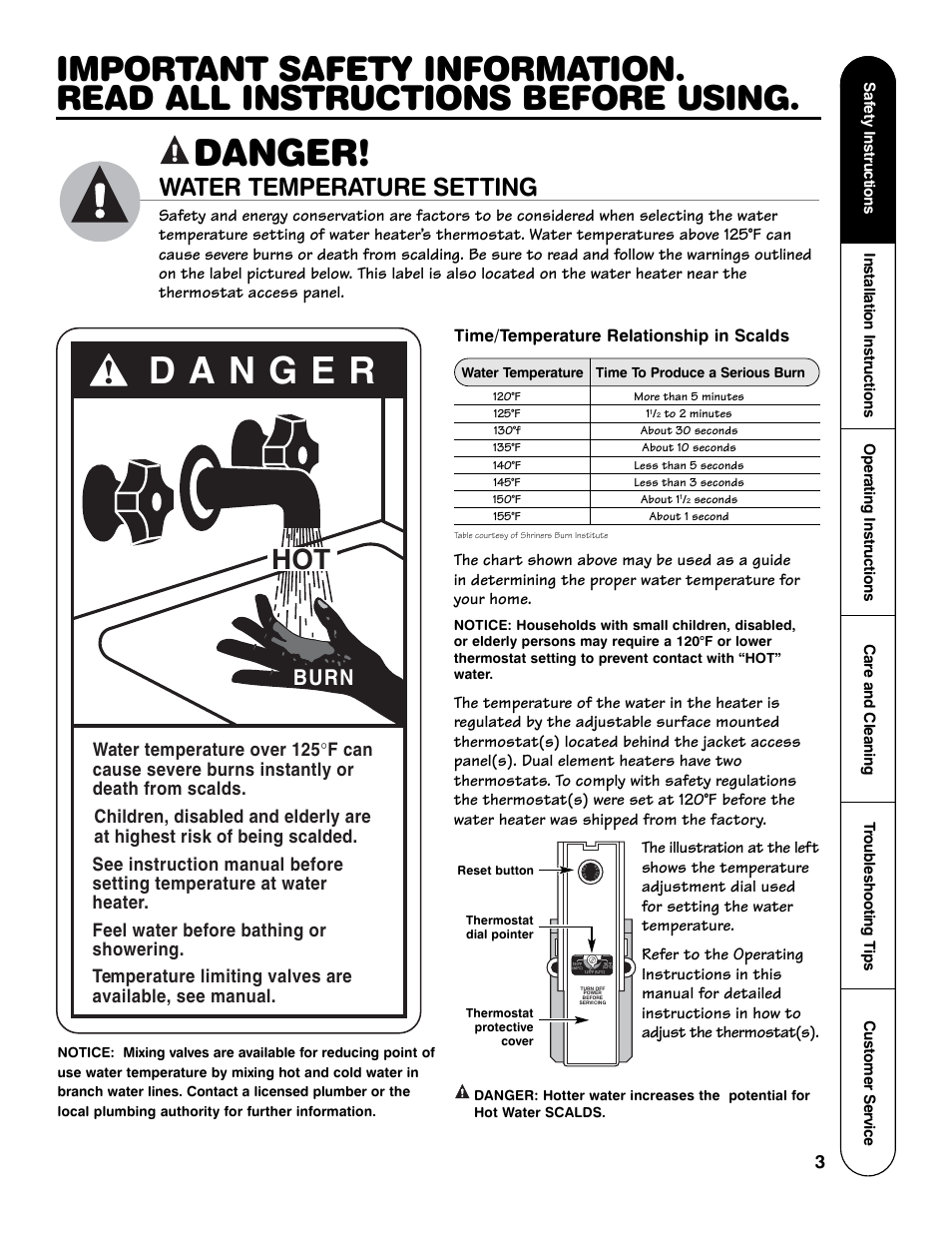 Danger, Water temperature setting, Burn | Time/temperature relationship in scalds | GE Series User Manual | Page 3 / 20