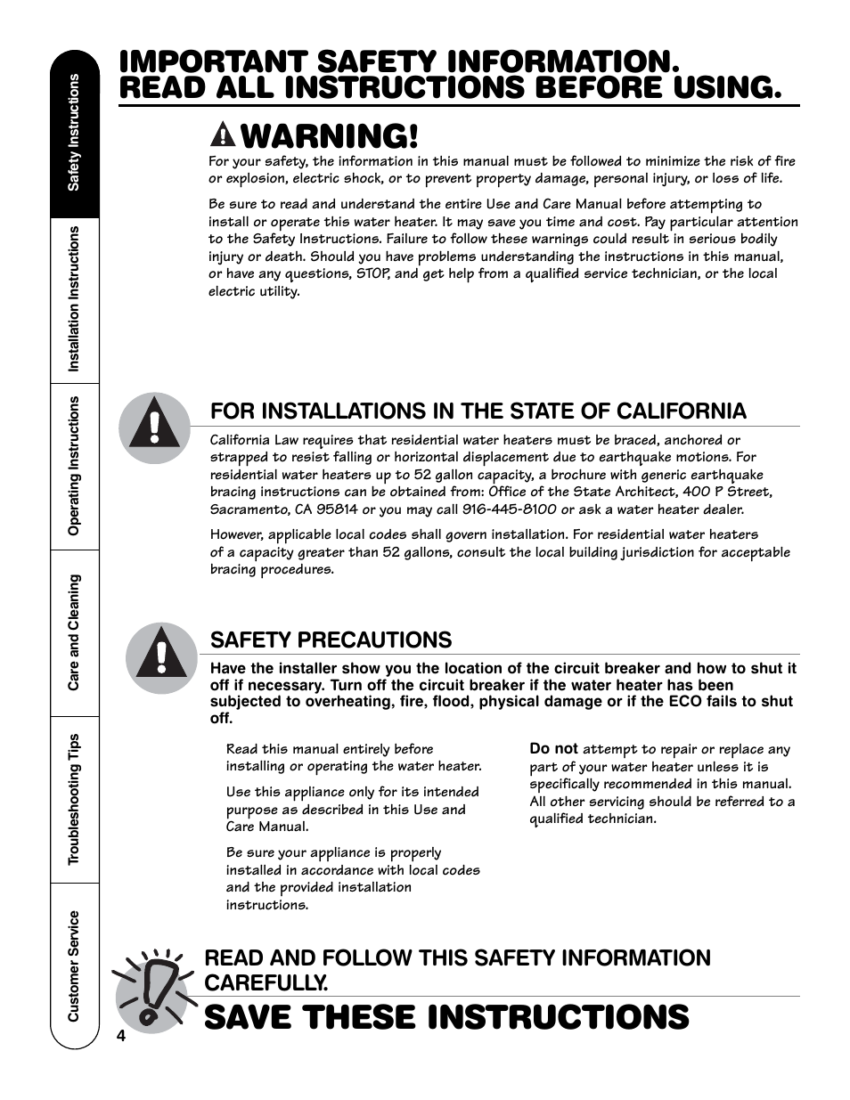 Warning, Save these instructions, For installations in the state of california | Read and follow this safety information carefully, Safety precautions | GE Series User Manual | Page 4 / 20