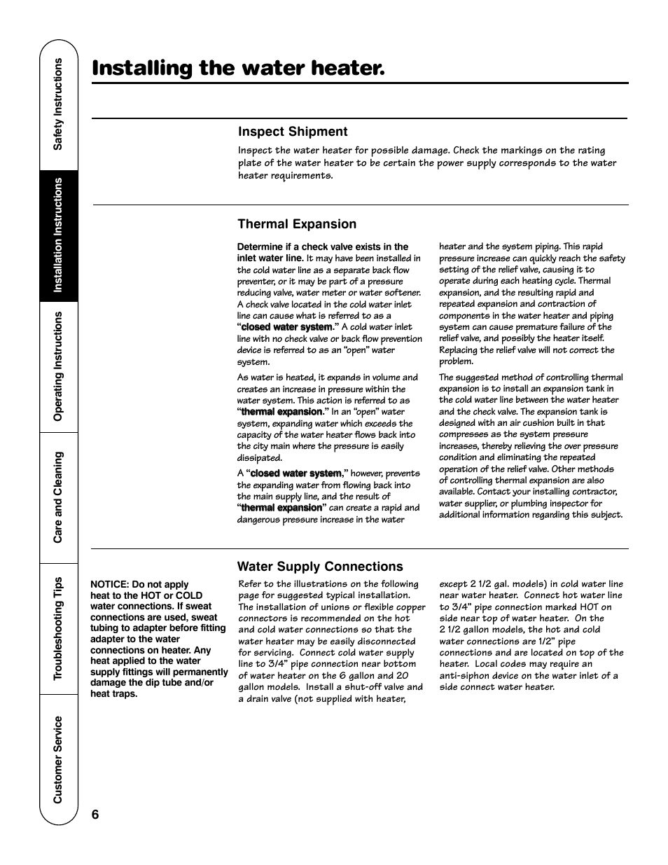 Installing the water heater, Thermal expansion water supply connections, Inspect shipment | GE Series User Manual | Page 6 / 20