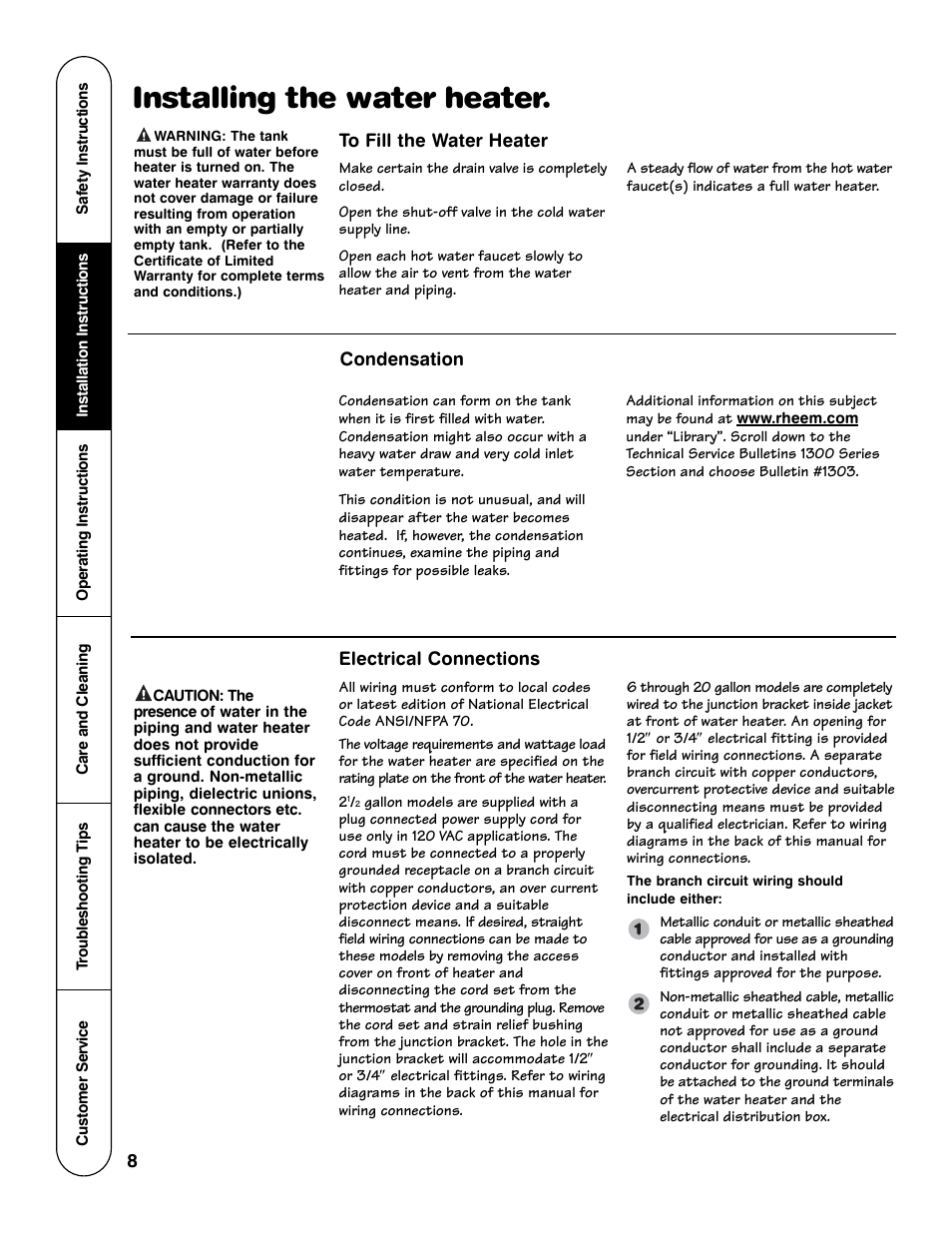 Installing the water heater | GE Series User Manual | Page 8 / 20