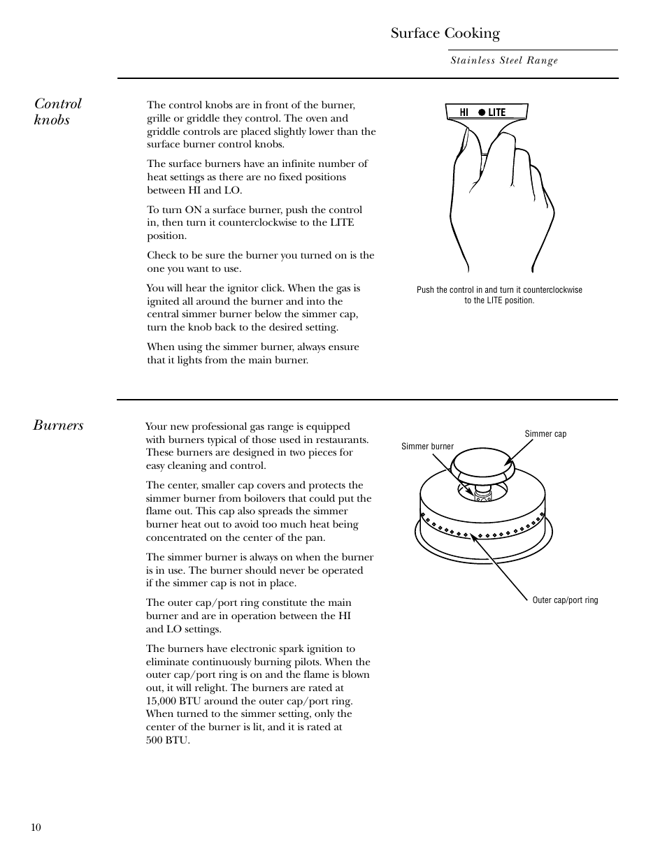 Burners, Burners –11, Surface cooking | Control knobs | GE Gas Ranges User Manual | Page 10 / 36