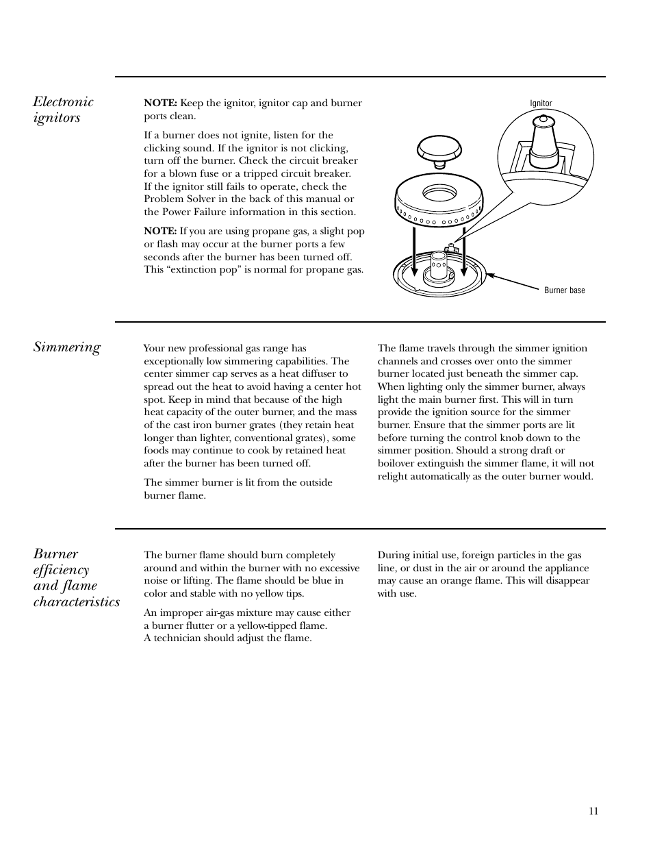 Electronic ignitors, Simmering, Electronic ignitors simmering | Burner efficiency and flame characteristics | GE Gas Ranges User Manual | Page 11 / 36