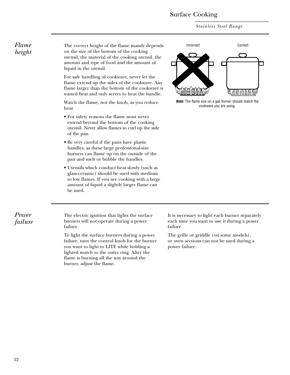 Surface cooking, Power failure, Flame height | GE Gas Ranges User Manual | Page 12 / 36