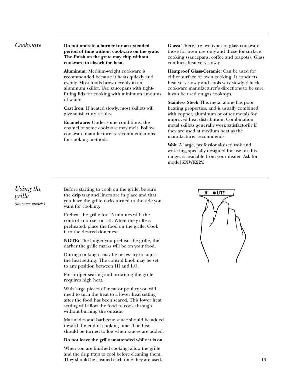 Cookware, Grille, Grille –15 | Using the grille | GE Gas Ranges User Manual | Page 13 / 36