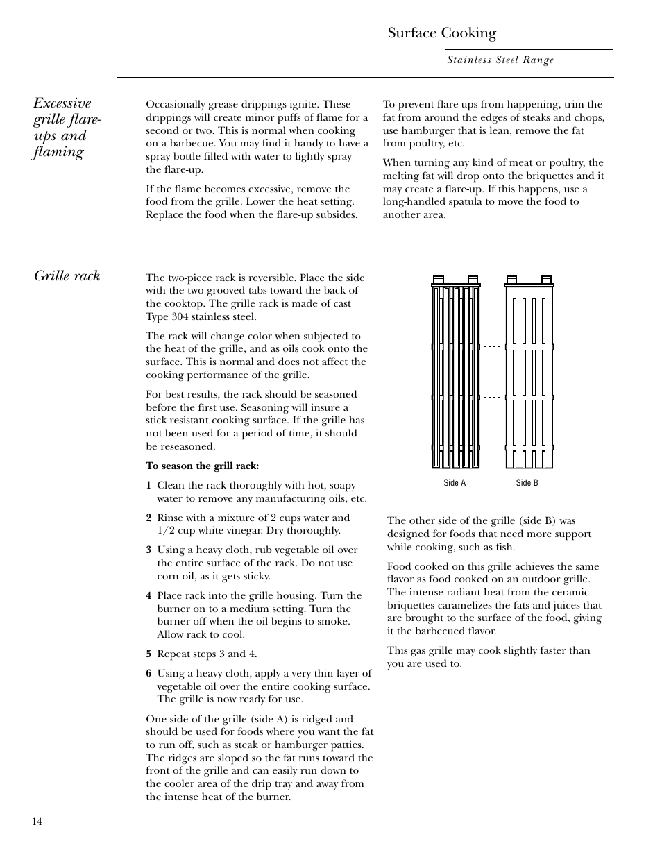 Surface cooking, Grille rack, Excessive grille flare- ups and flaming | GE Gas Ranges User Manual | Page 14 / 36