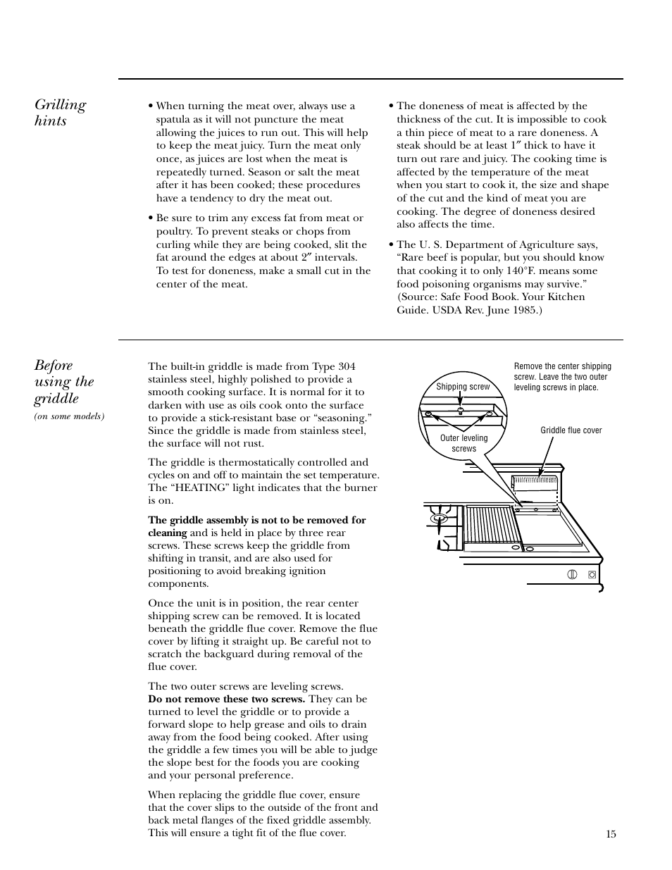 Griddle, Griddle , 16, Grilling hints | Before using the griddle | GE Gas Ranges User Manual | Page 15 / 36