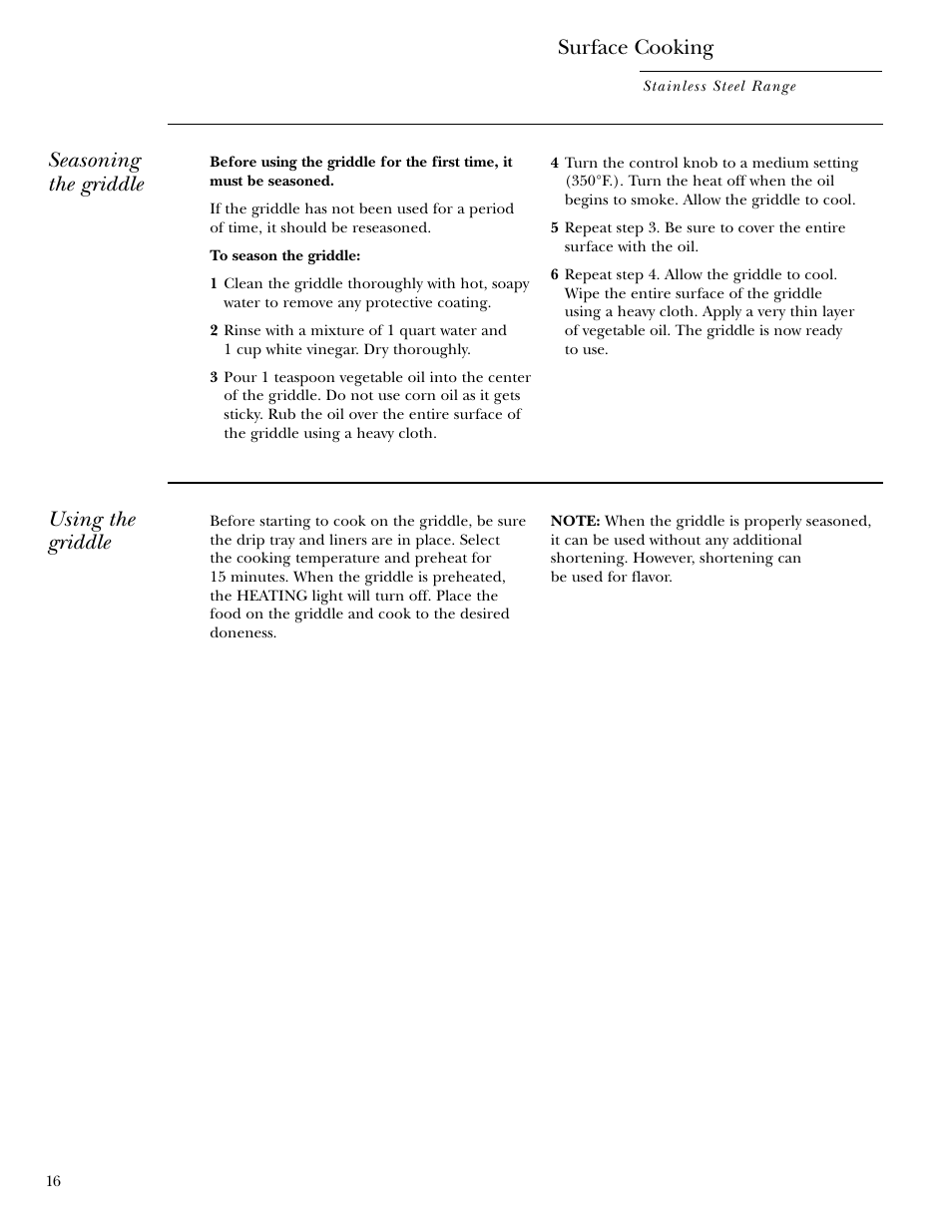 Surface cooking, Seasoning the griddle, Using the griddle | GE Gas Ranges User Manual | Page 16 / 36