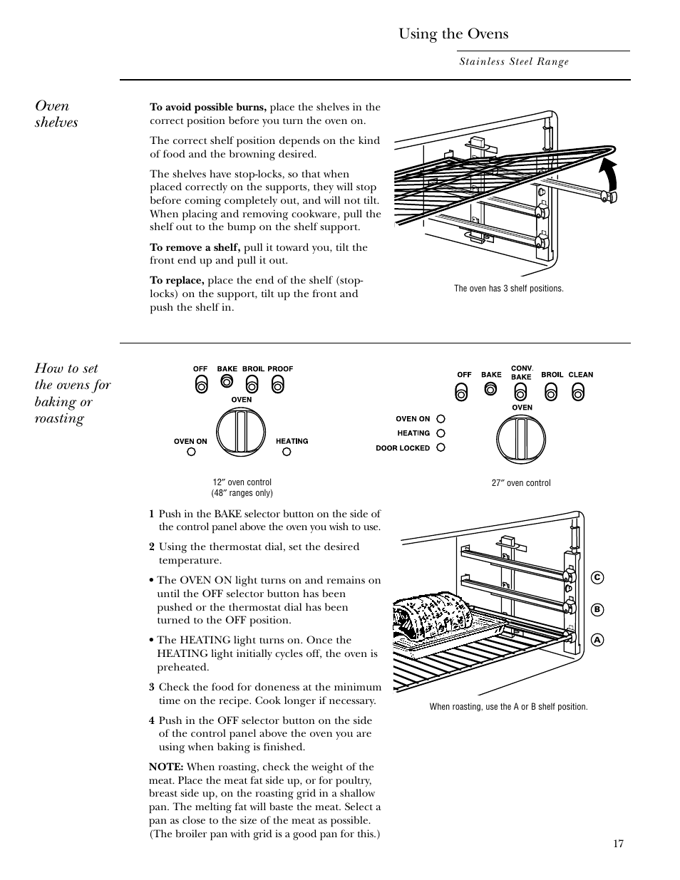 Baking/roasting, Baking/roasting –19, Using the ovens | Oven shelves, How to set the ovens for baking or roasting | GE Gas Ranges User Manual | Page 17 / 36