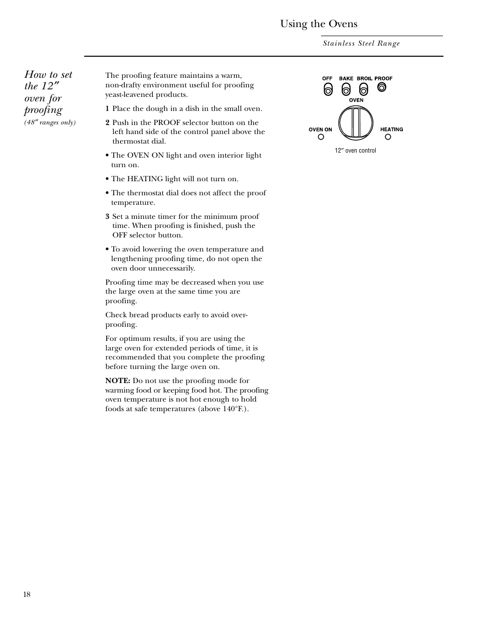 Proofing, Using the ovens, How to set the 12 ″ oven for proofing | GE Gas Ranges User Manual | Page 18 / 36