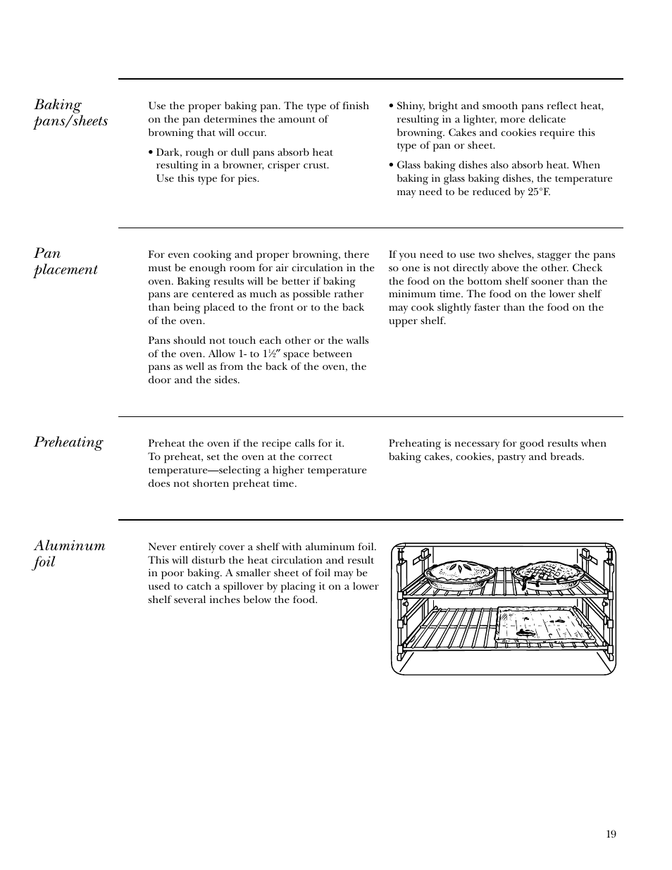 Baking pans/sheets, Pan placement, Preheating | Aluminum foil | GE Gas Ranges User Manual | Page 19 / 36