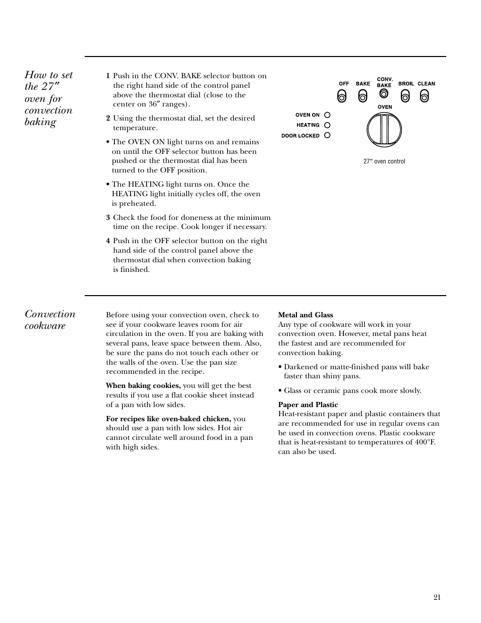 How to set the 27 ″ oven for convection baking, Convection cookware | GE Gas Ranges User Manual | Page 21 / 36