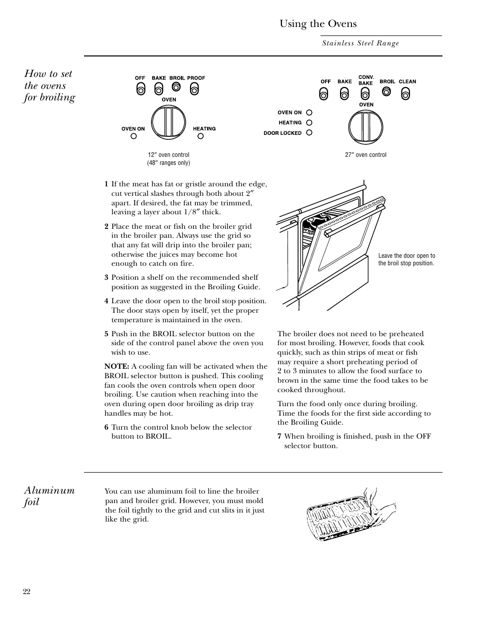 Broiling/broiling guide, Broiling/broiling guide , 23, Using the ovens | How to set the ovens for broiling, Aluminum foil | GE Gas Ranges User Manual | Page 22 / 36
