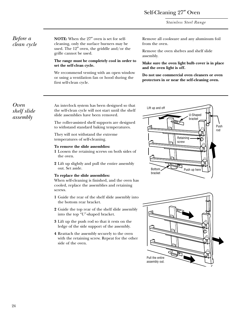 Self-cleaning instructions, Self-cleaning instructions , 25, Self-cleaning 27 ″ oven | Before a clean cycle, Oven shelf slide assembly | GE Gas Ranges User Manual | Page 24 / 36