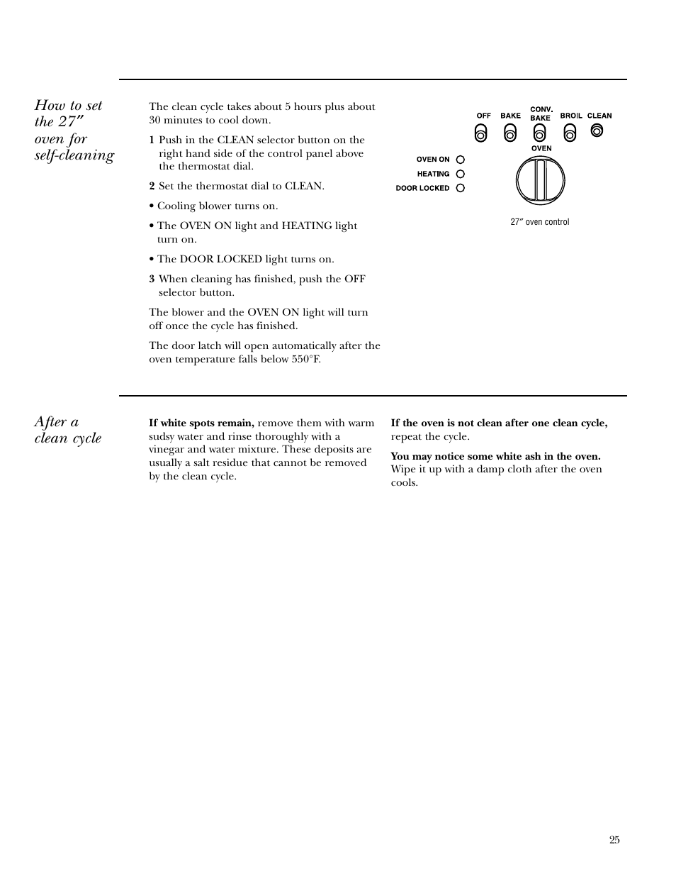 How to set the 27 ″ oven for self-cleaning, After a clean cycle | GE Gas Ranges User Manual | Page 25 / 36