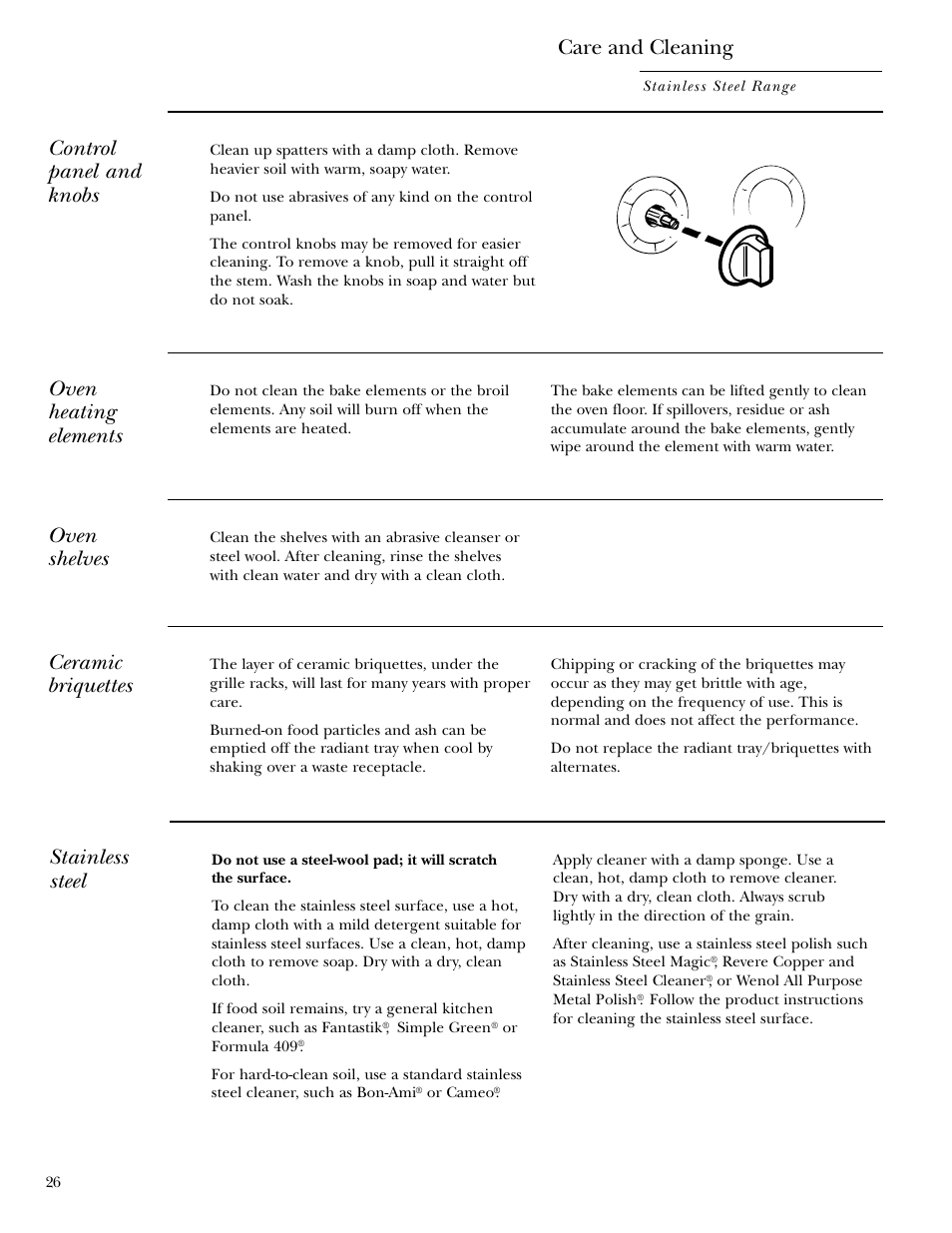 Ceramic briquettes, Control panel and knobs, Oven heating elements | Shelves, Stainless steel, Ceramic briquettes control panel and knobs, Shelves , 30 stainless steel, Care and cleaning, Oven shelves | GE Gas Ranges User Manual | Page 26 / 36